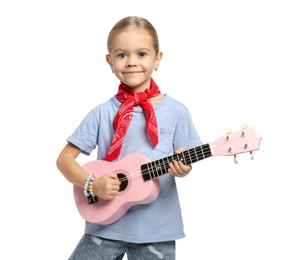 Photo of Little girl playing ukulele on white background