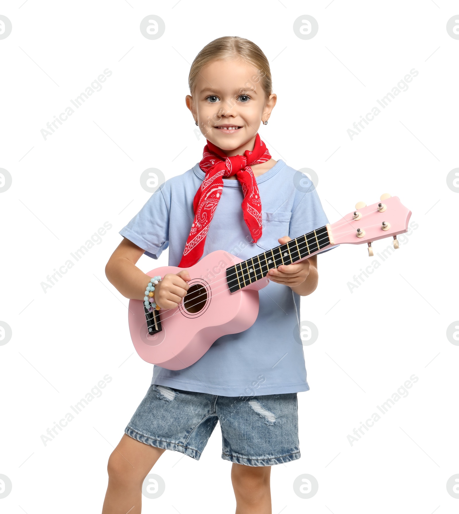 Photo of Little girl playing ukulele on white background