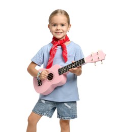 Photo of Little girl playing ukulele on white background