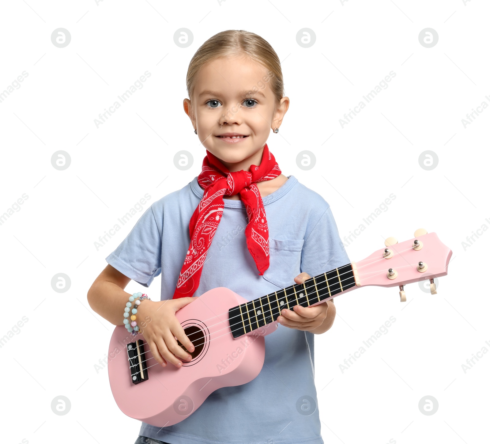 Photo of Little girl playing ukulele on white background