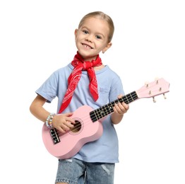 Photo of Little girl playing ukulele on white background