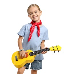 Photo of Little girl playing ukulele on white background