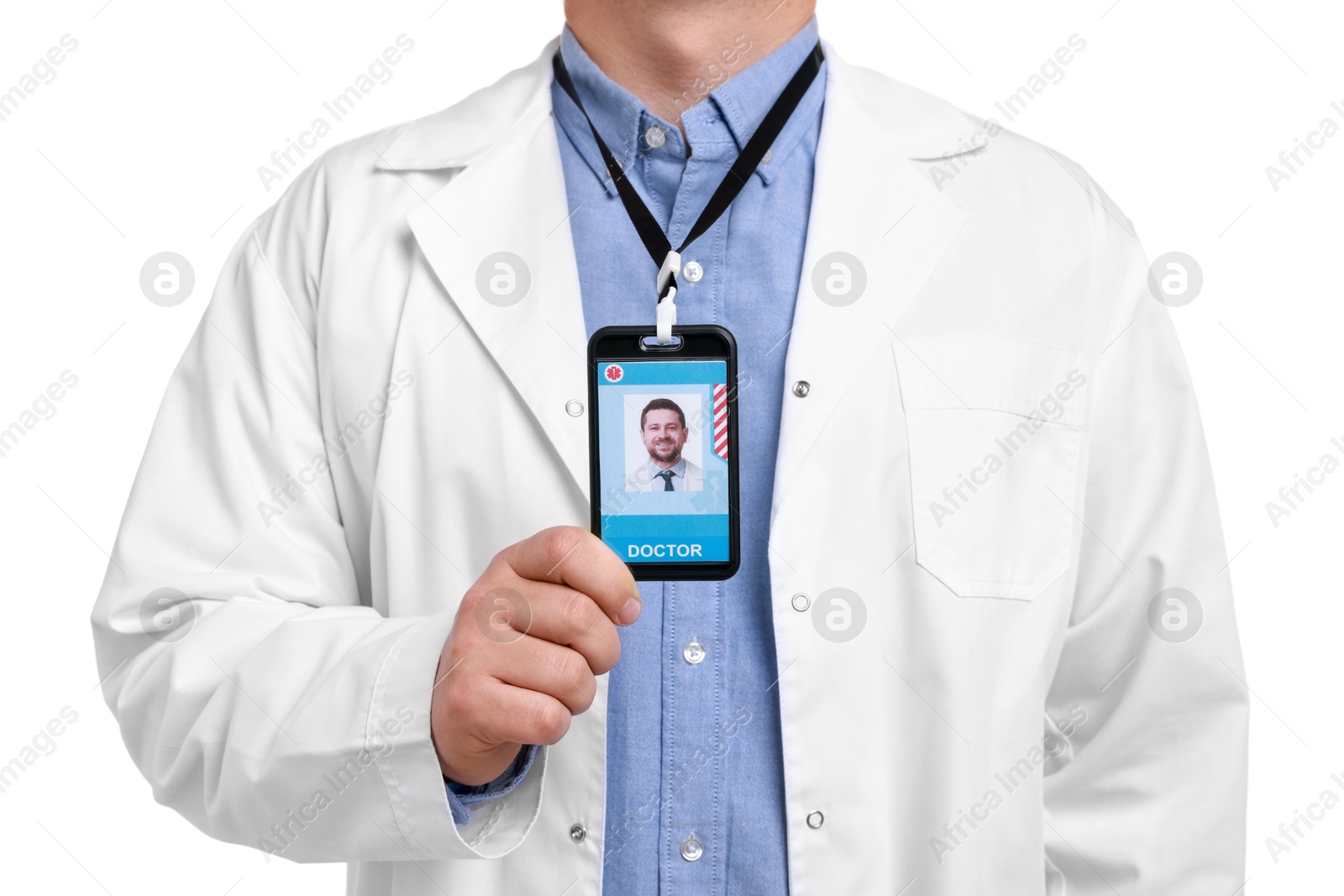 Photo of Doctor with badge on white background, closeup