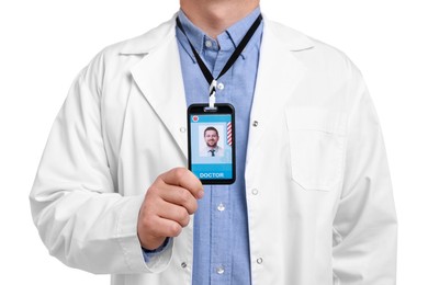 Photo of Doctor with badge on white background, closeup