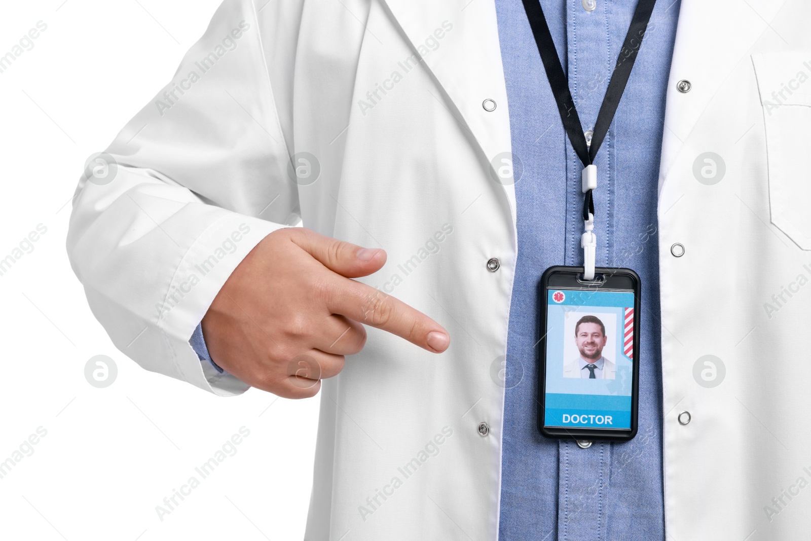 Photo of Doctor with badge on white background, closeup