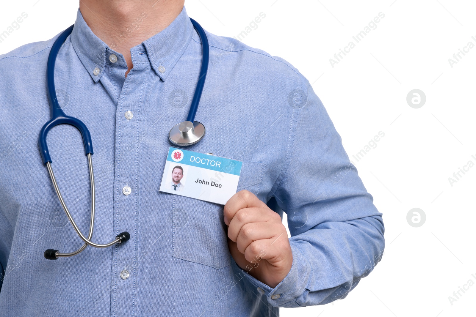 Photo of Doctor with badge on white background, closeup