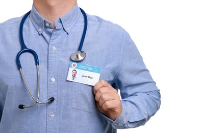 Photo of Doctor with badge on white background, closeup