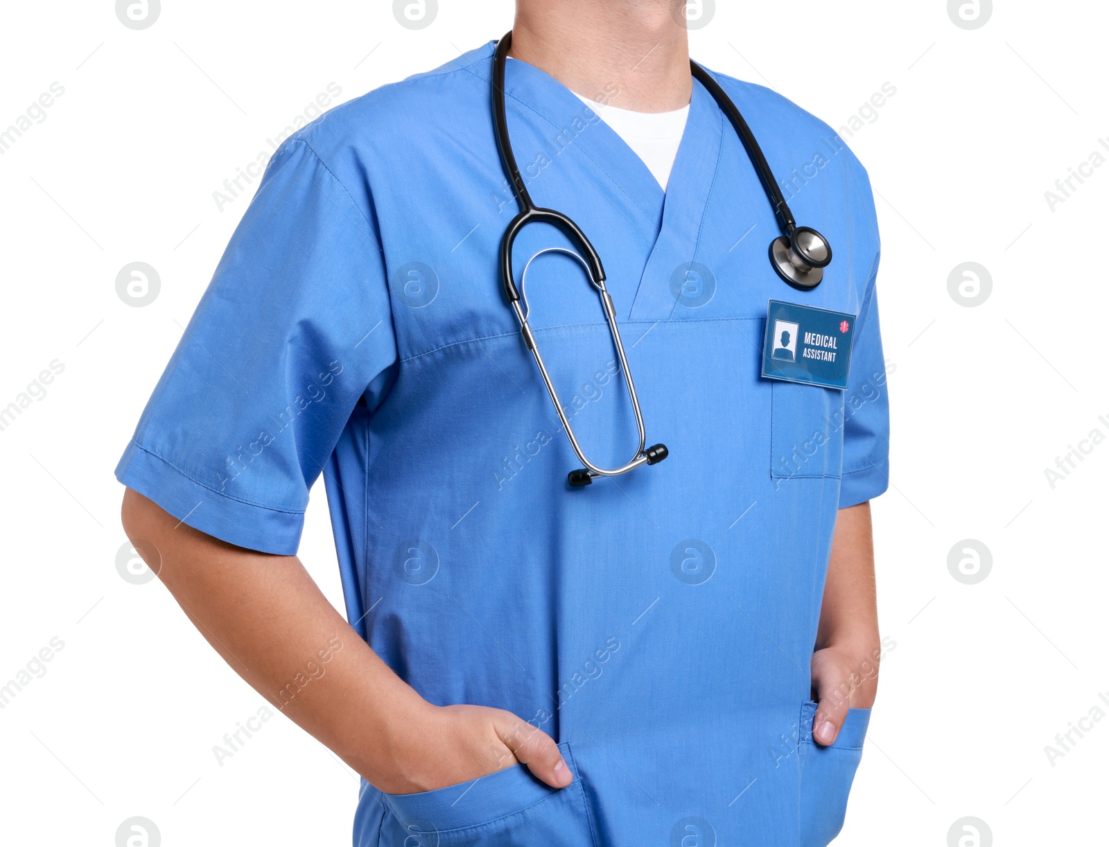 Photo of Medical assistant with badge on white background, closeup