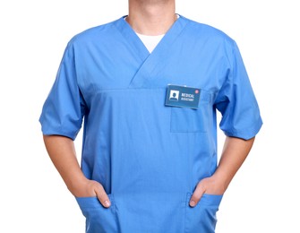 Photo of Medical assistant with badge on white background, closeup