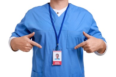 Medical assistant with badge on white background, closeup