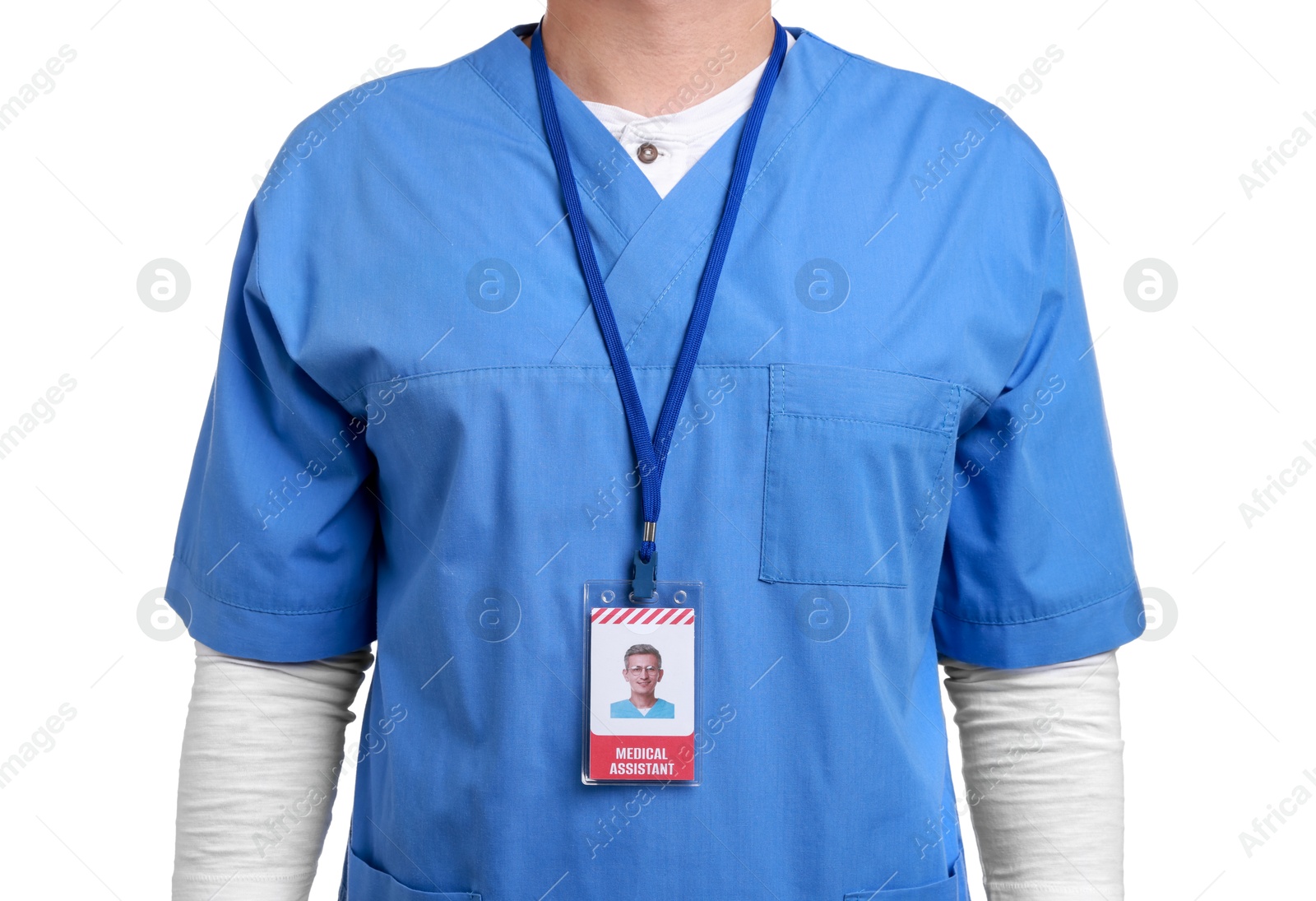 Photo of Medical assistant with badge on white background, closeup