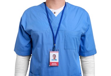 Photo of Medical assistant with badge on white background, closeup