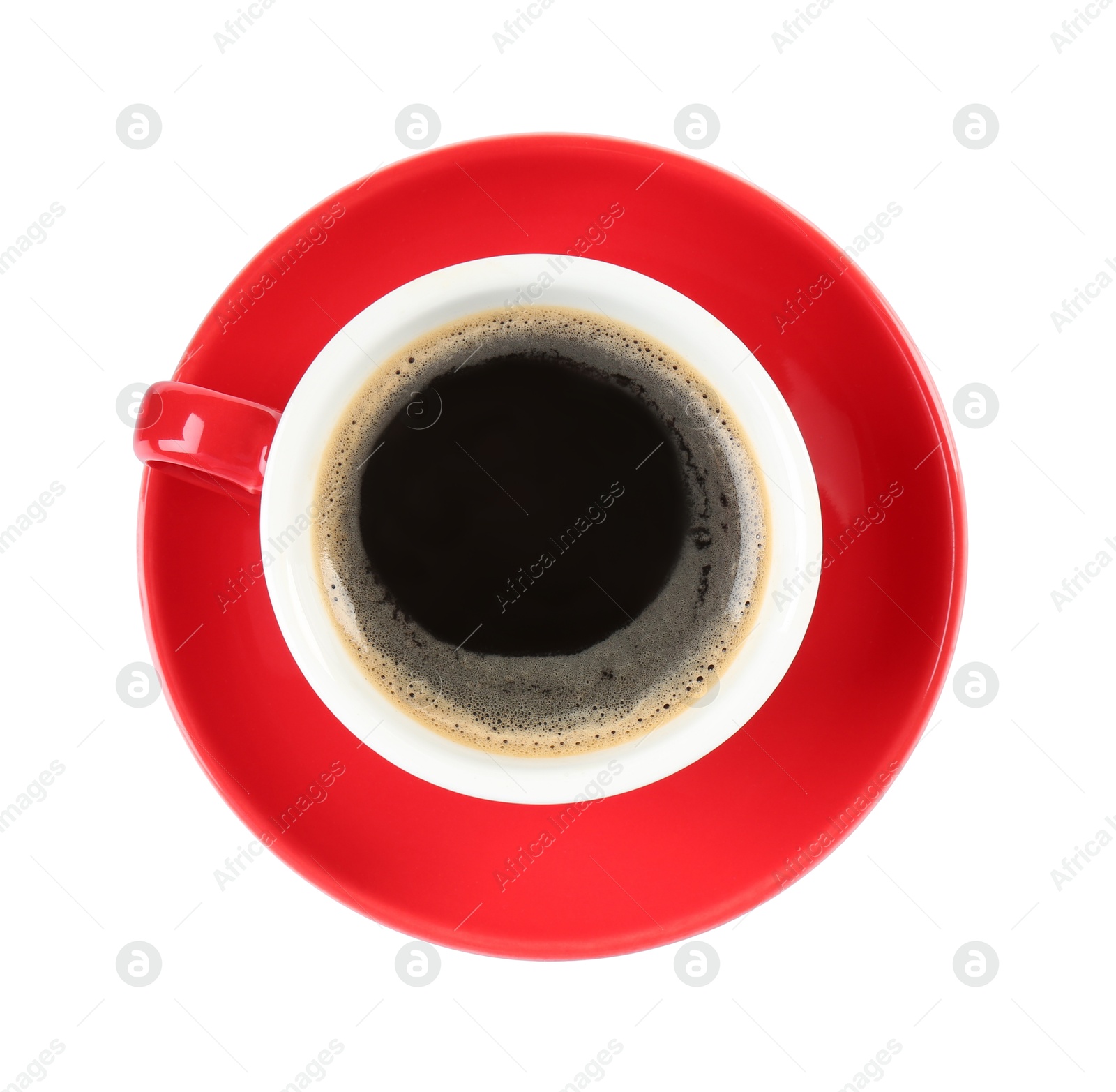 Photo of Red cup of aromatic coffee and saucer isolated on white, top view