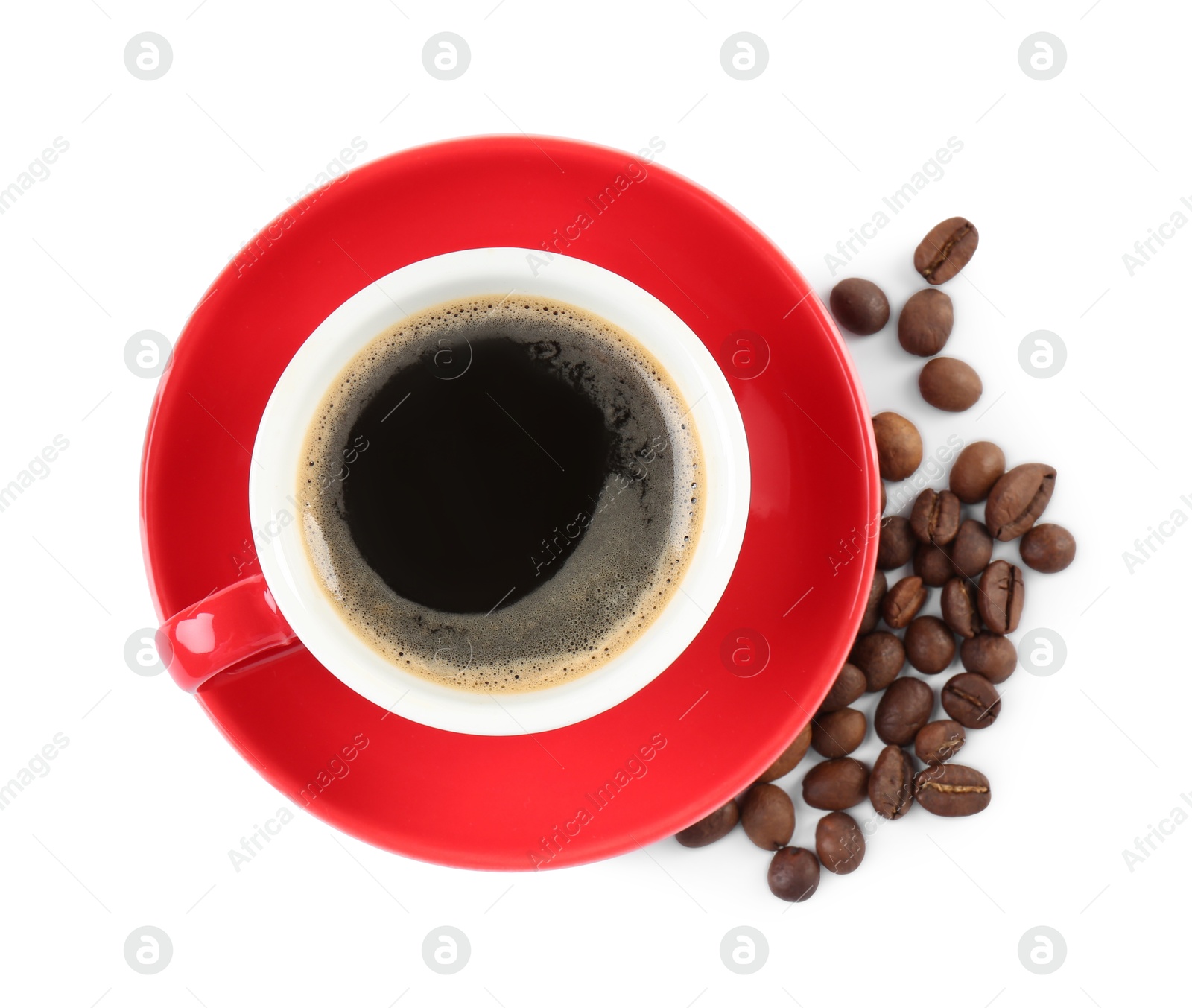 Photo of Red cup of aromatic coffee, saucer and beans isolated on white, top view