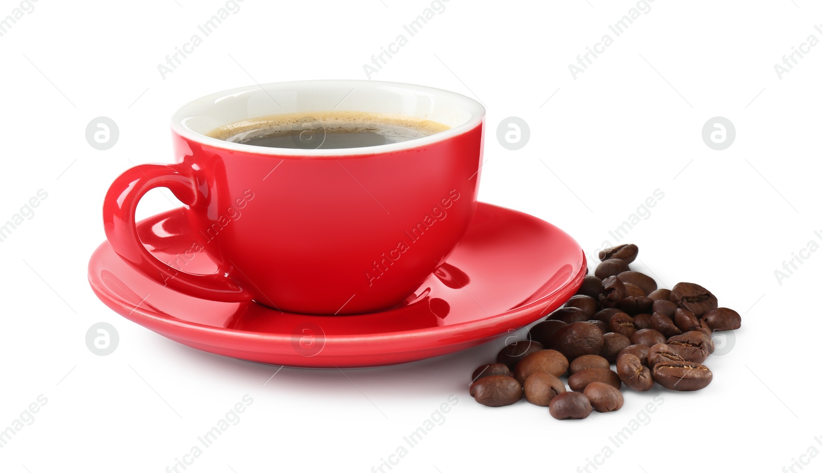 Photo of Red cup of aromatic coffee, saucer and beans isolated on white