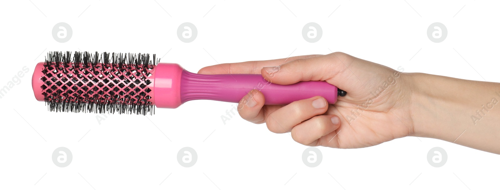 Photo of Woman with round pink hair brush on white background, closeup