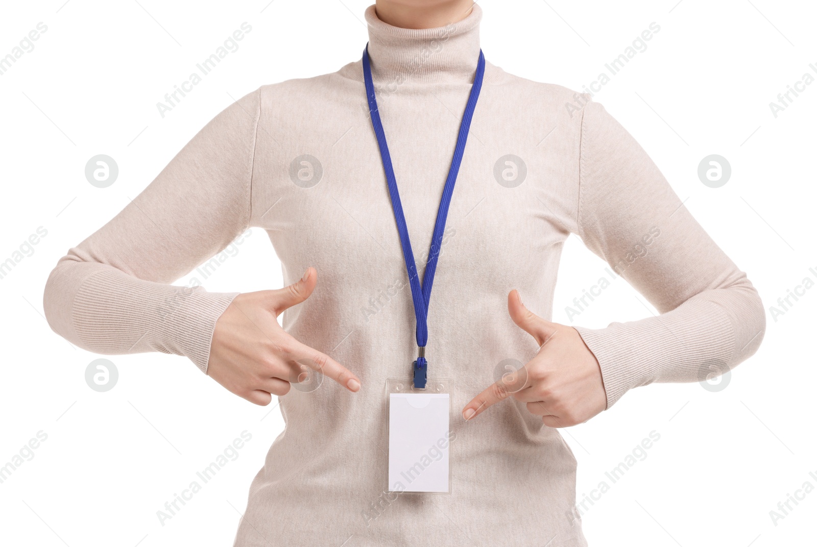 Photo of Woman pointing at her blank badge on white background, closeup