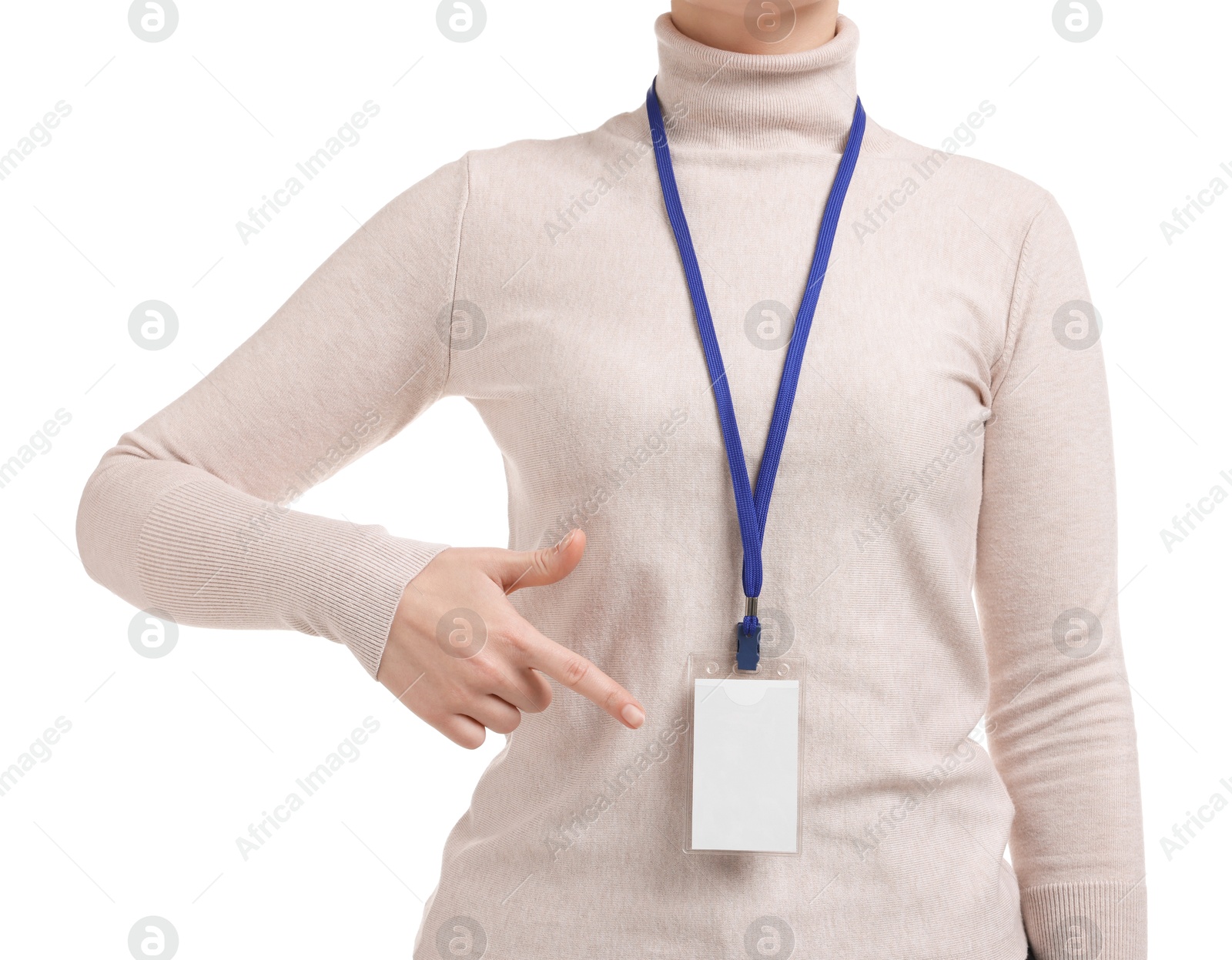 Photo of Woman pointing at her blank badge on white background, closeup