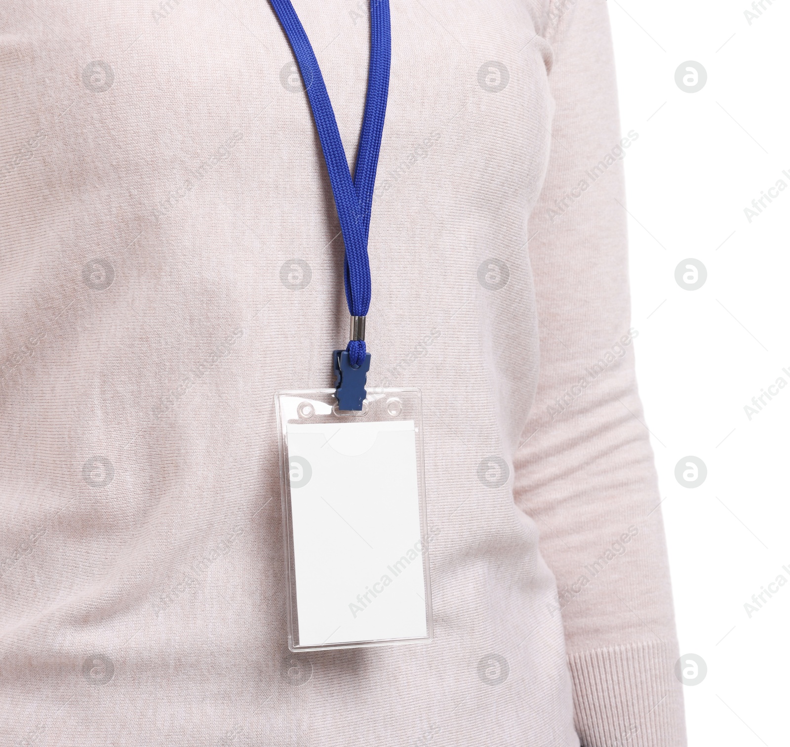 Photo of Woman with blank badge on white background, closeup