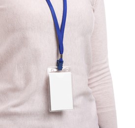 Photo of Woman with blank badge on white background, closeup