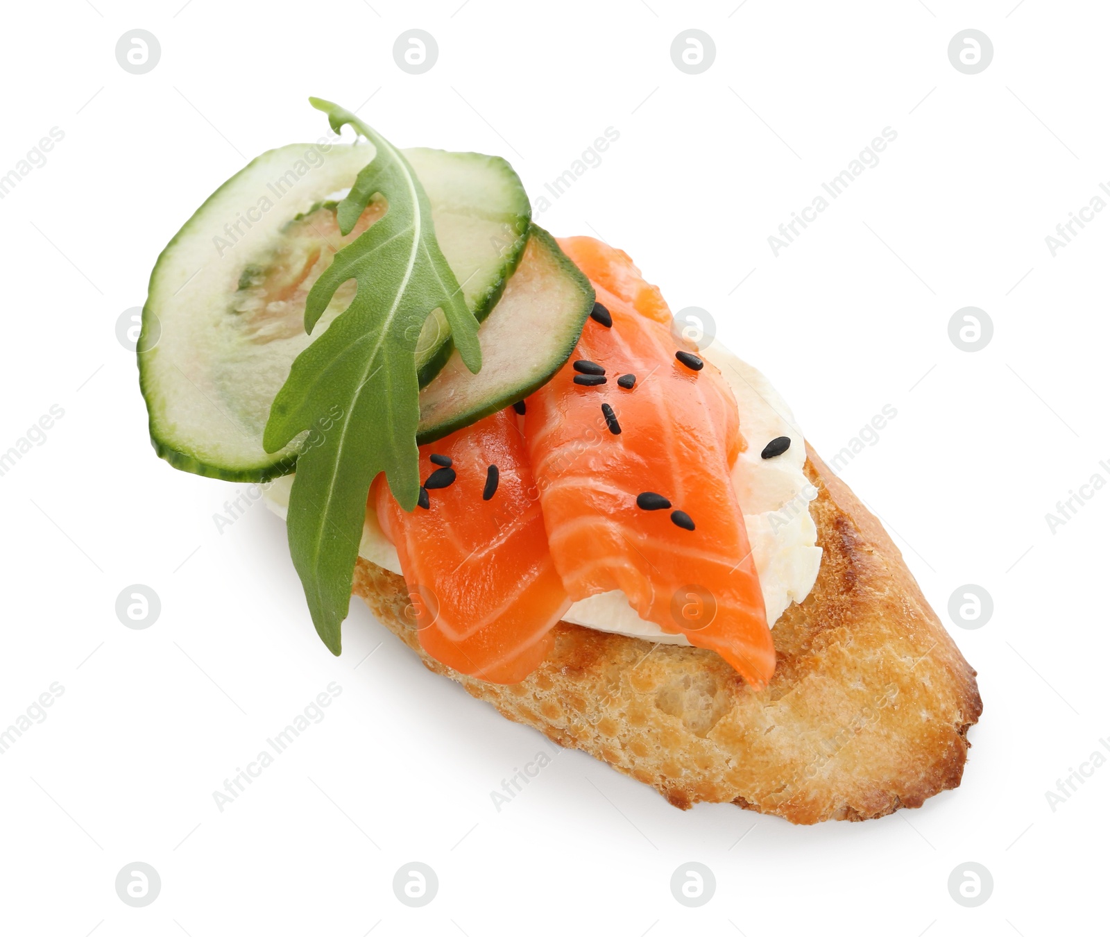 Photo of Delicious bruschetta with cream cheese, salmon and cucumber isolated on white