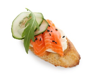 Photo of Delicious bruschetta with cream cheese, salmon and cucumber isolated on white