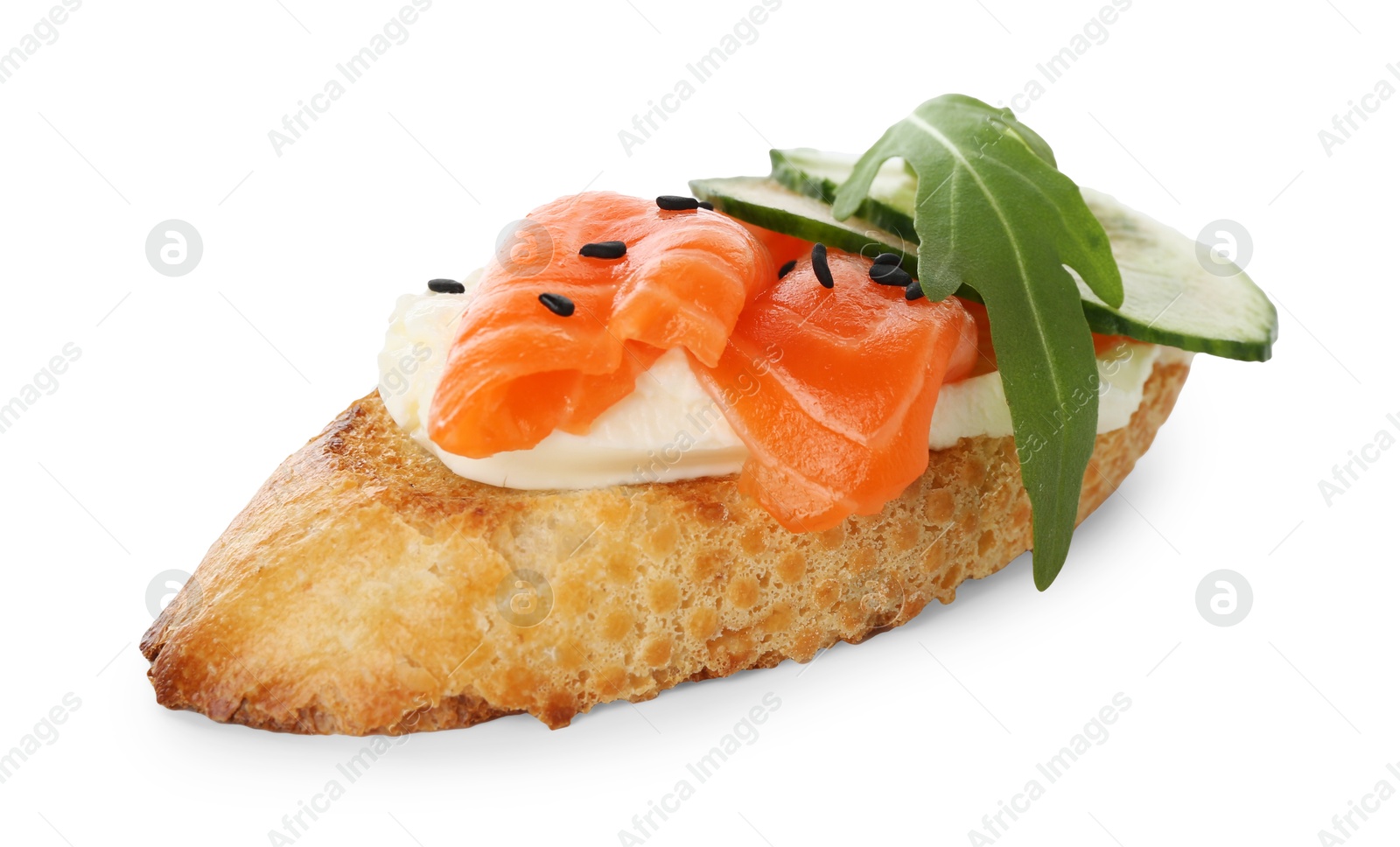 Photo of Delicious bruschetta with cream cheese, salmon and cucumber isolated on white