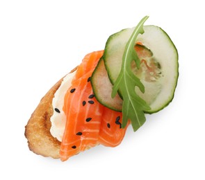 Photo of Delicious bruschetta with cream cheese, salmon and cucumber isolated on white, top view