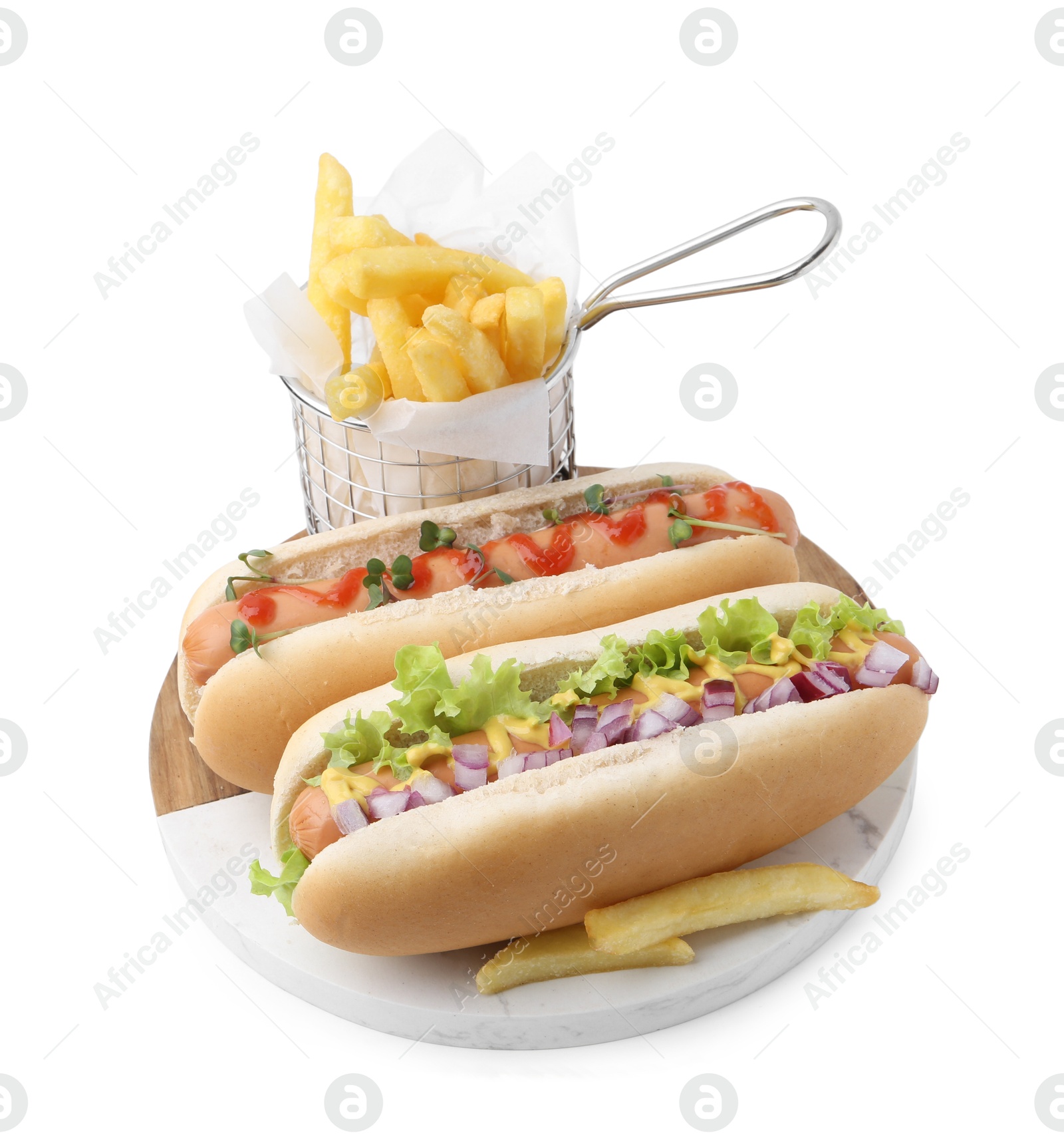 Photo of Tasty hot dogs with fries isolated on white