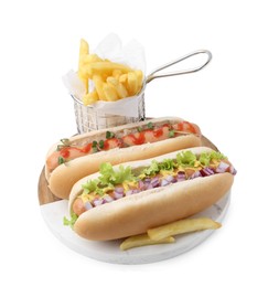 Photo of Tasty hot dogs with fries isolated on white