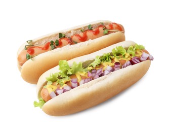 Photo of Two tasty hot dogs isolated on white