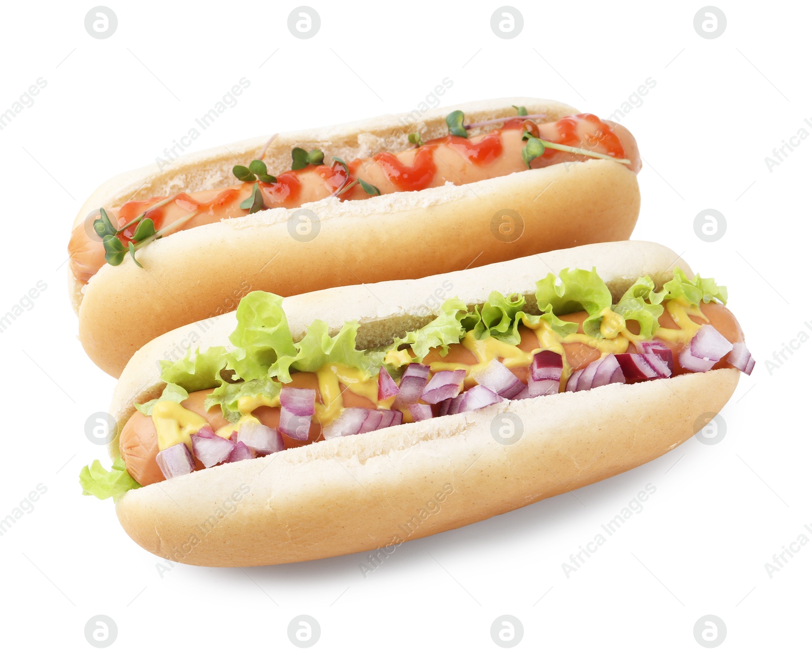 Photo of Two tasty hot dogs isolated on white