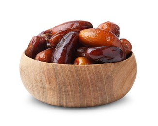 Photo of Tasty sweet dried dates in wooden bowl isolated on white