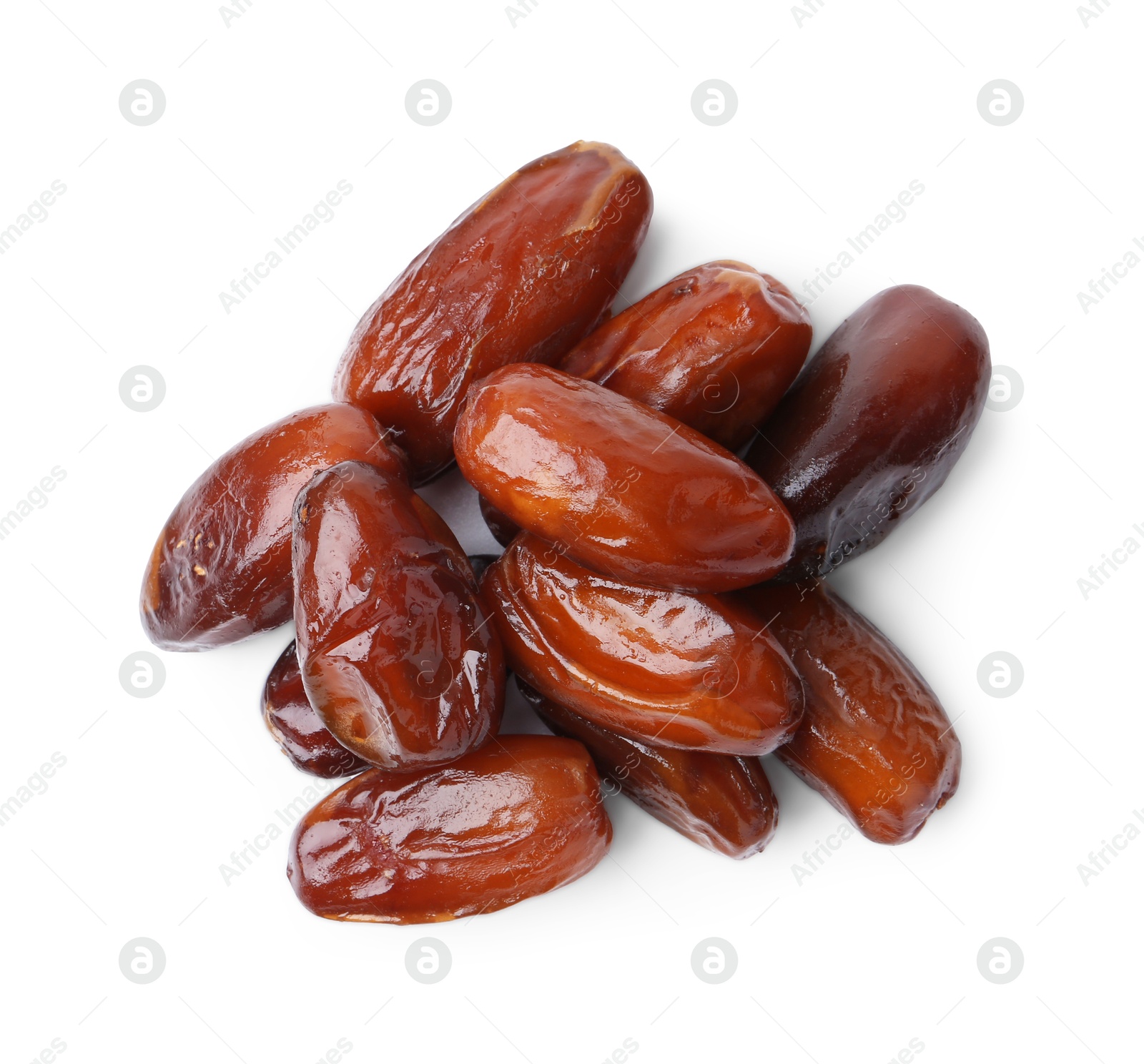 Photo of Tasty sweet dried dates isolated on white, top view