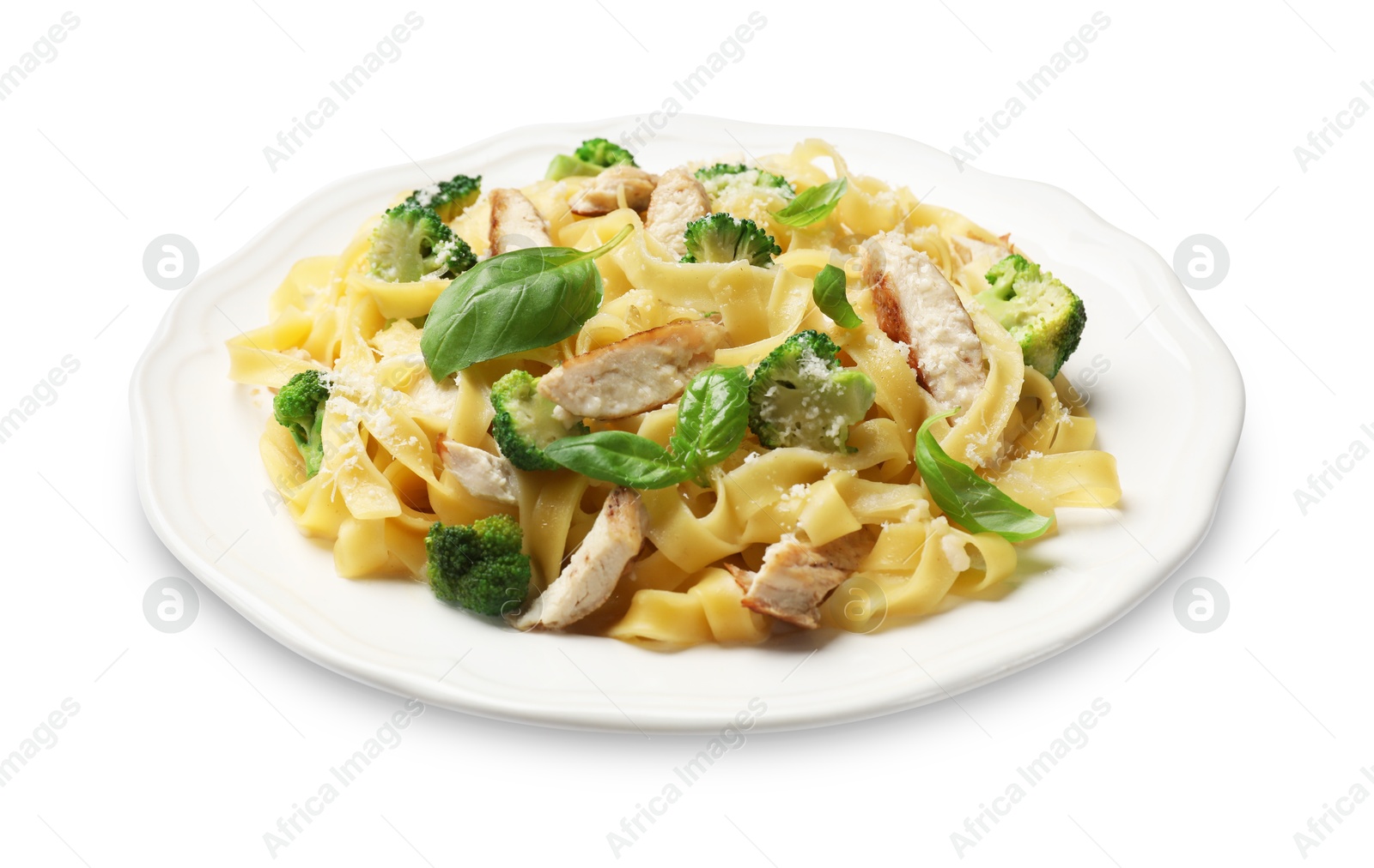 Photo of Delicious pasta Alfredo with chicken, cheese, broccoli and basil isolated on white