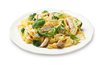 Photo of Delicious pasta Alfredo with chicken, cheese, broccoli and basil isolated on white