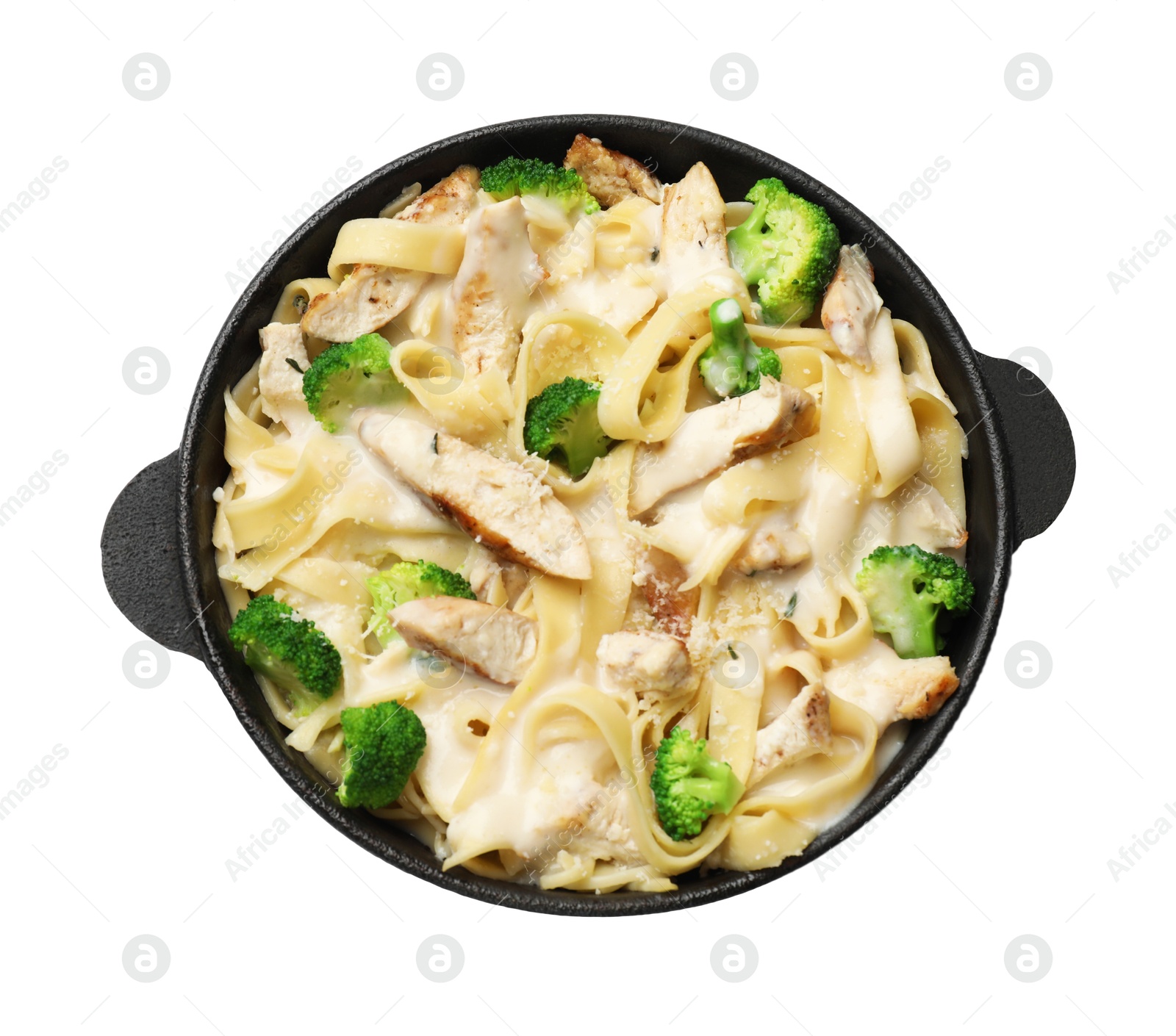 Photo of Delicious pasta Alfredo with chicken, cheese, creamy sauce and broccoli isolated on white, top view