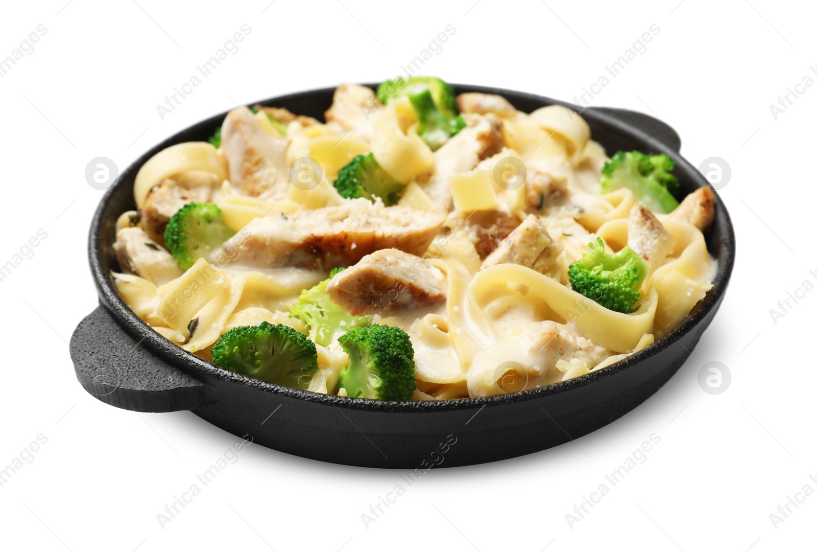 Photo of Delicious pasta Alfredo with chicken, cheese, creamy sauce and broccoli isolated on white