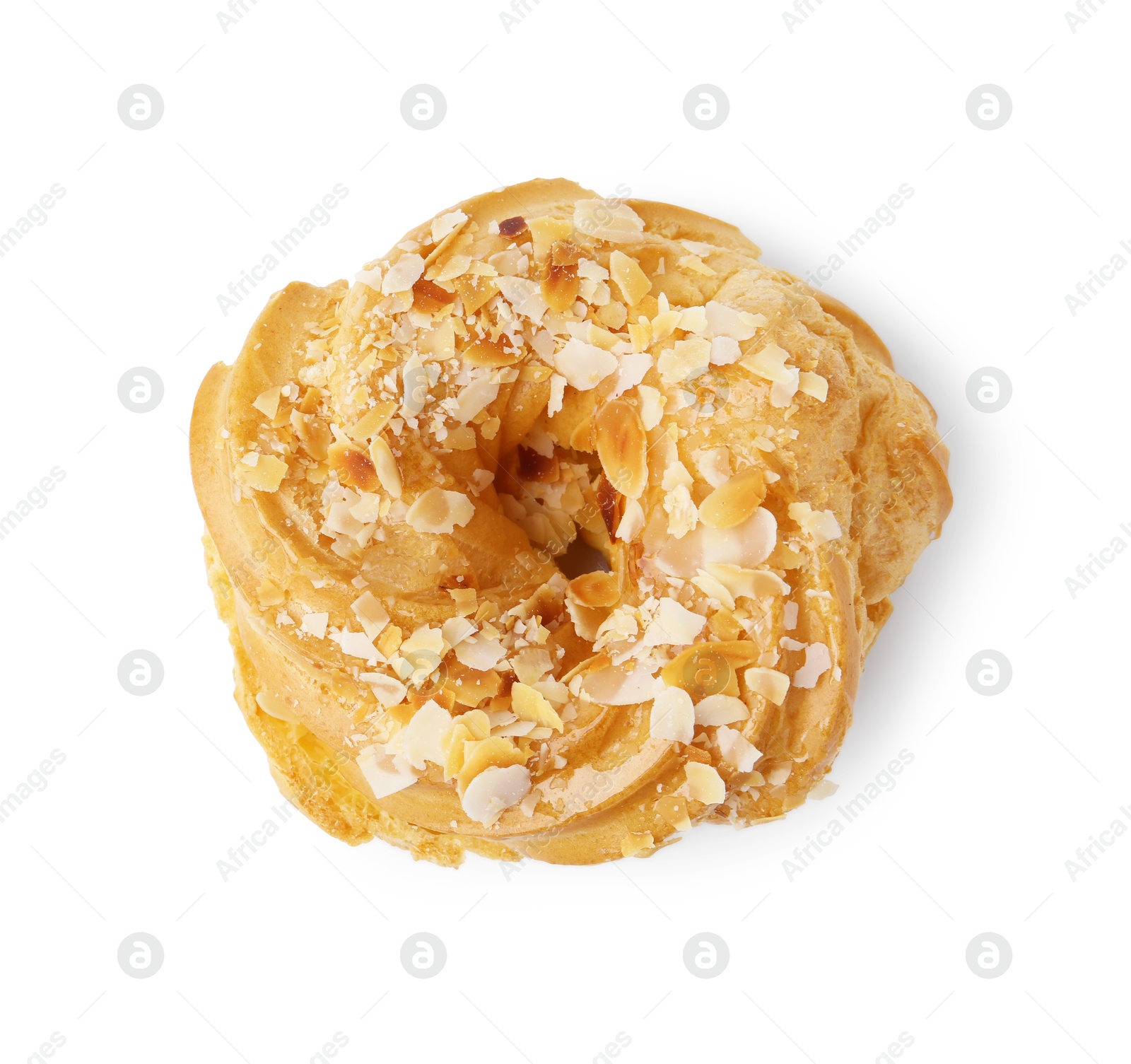 Photo of Delicious pastry with almond flakes isolated on white, top view