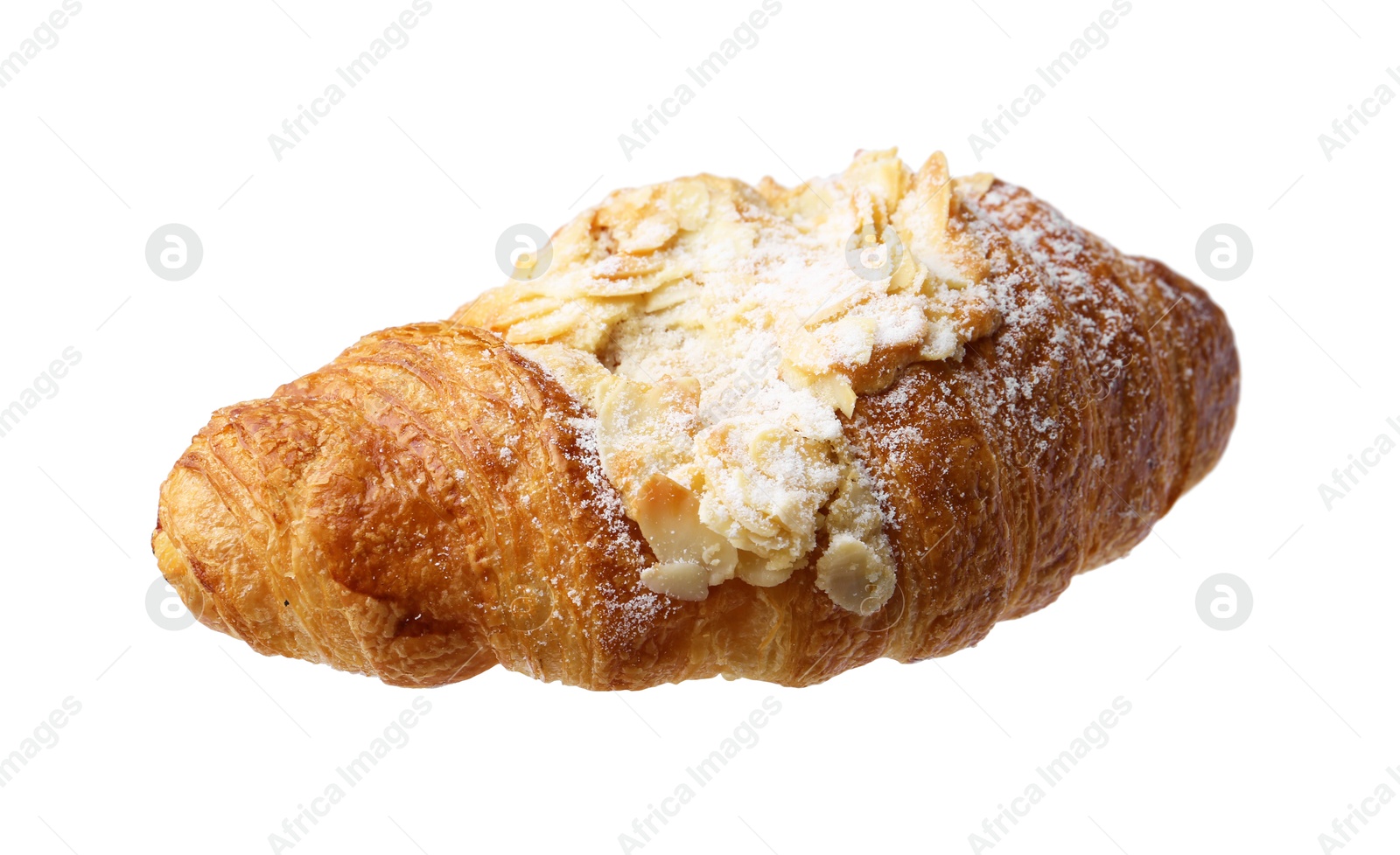 Photo of Delicious fresh croissant with almond flakes isolated on white