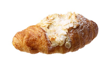 Photo of Delicious fresh croissant with almond flakes isolated on white