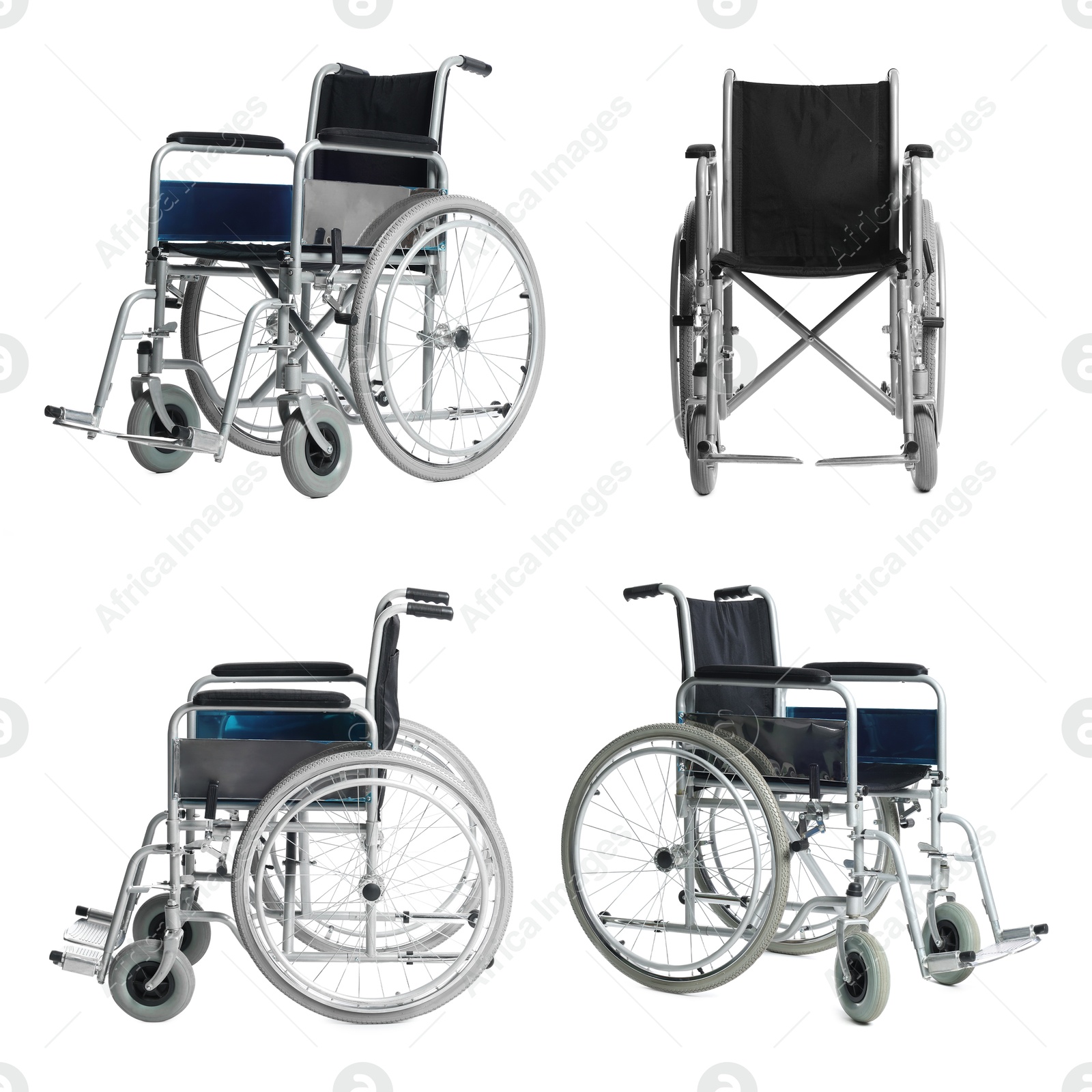 Image of Wheelchair isolated on white, collage. Different sides views