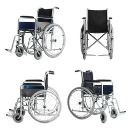 Image of Wheelchair isolated on white, collage. Different sides views