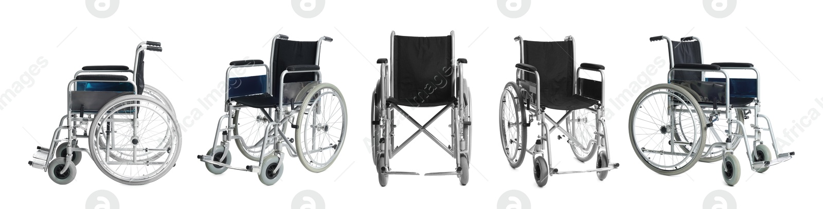 Image of Wheelchair isolated on white, collage. Different sides views