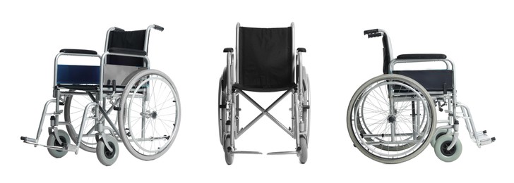 Image of Wheelchair isolated on white, collage. Different sides views