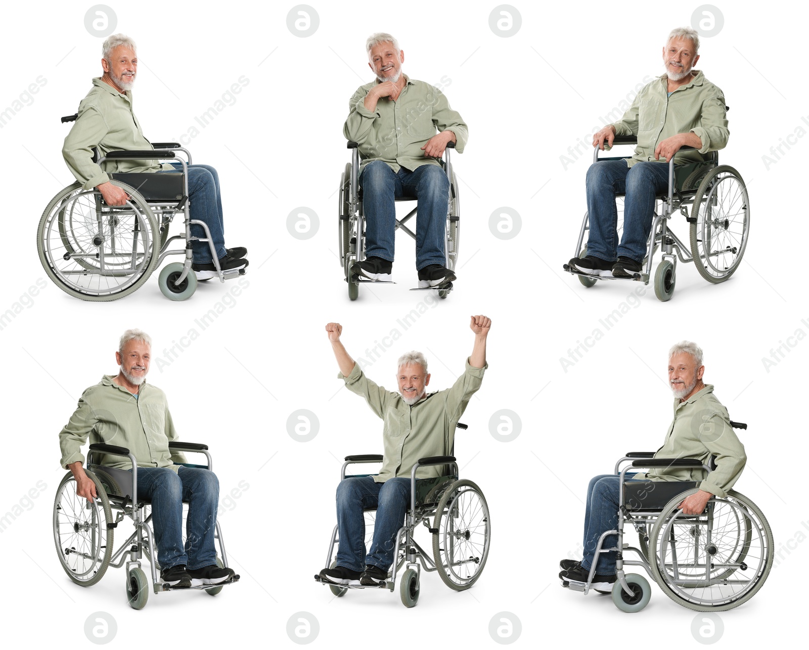 Image of Senior man in wheelchair on white background, collage