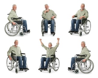 Image of Senior man in wheelchair on white background, collage