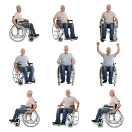 Image of Senior man in wheelchair on white background, collage