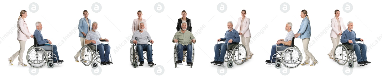 Image of Senior man in wheelchair and woman on white background, collage