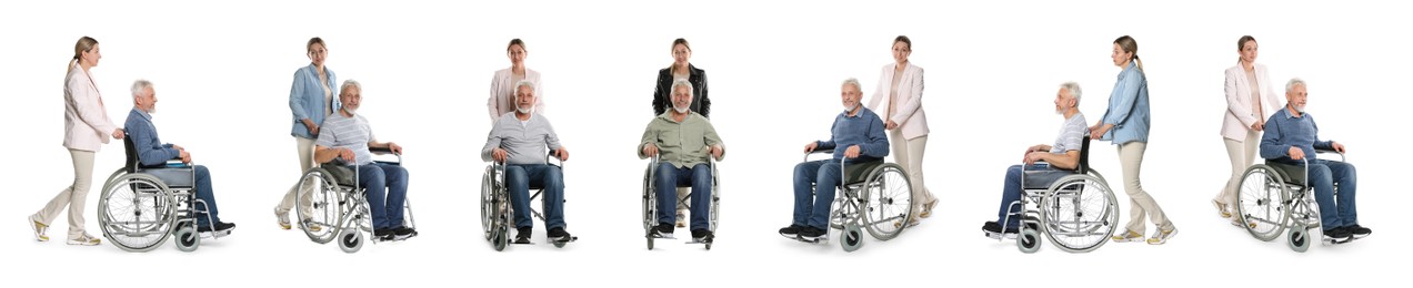 Image of Senior man in wheelchair and woman on white background, collage